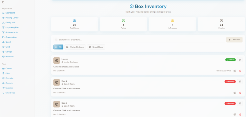 Organisync box packing tool screenshot with QR labels