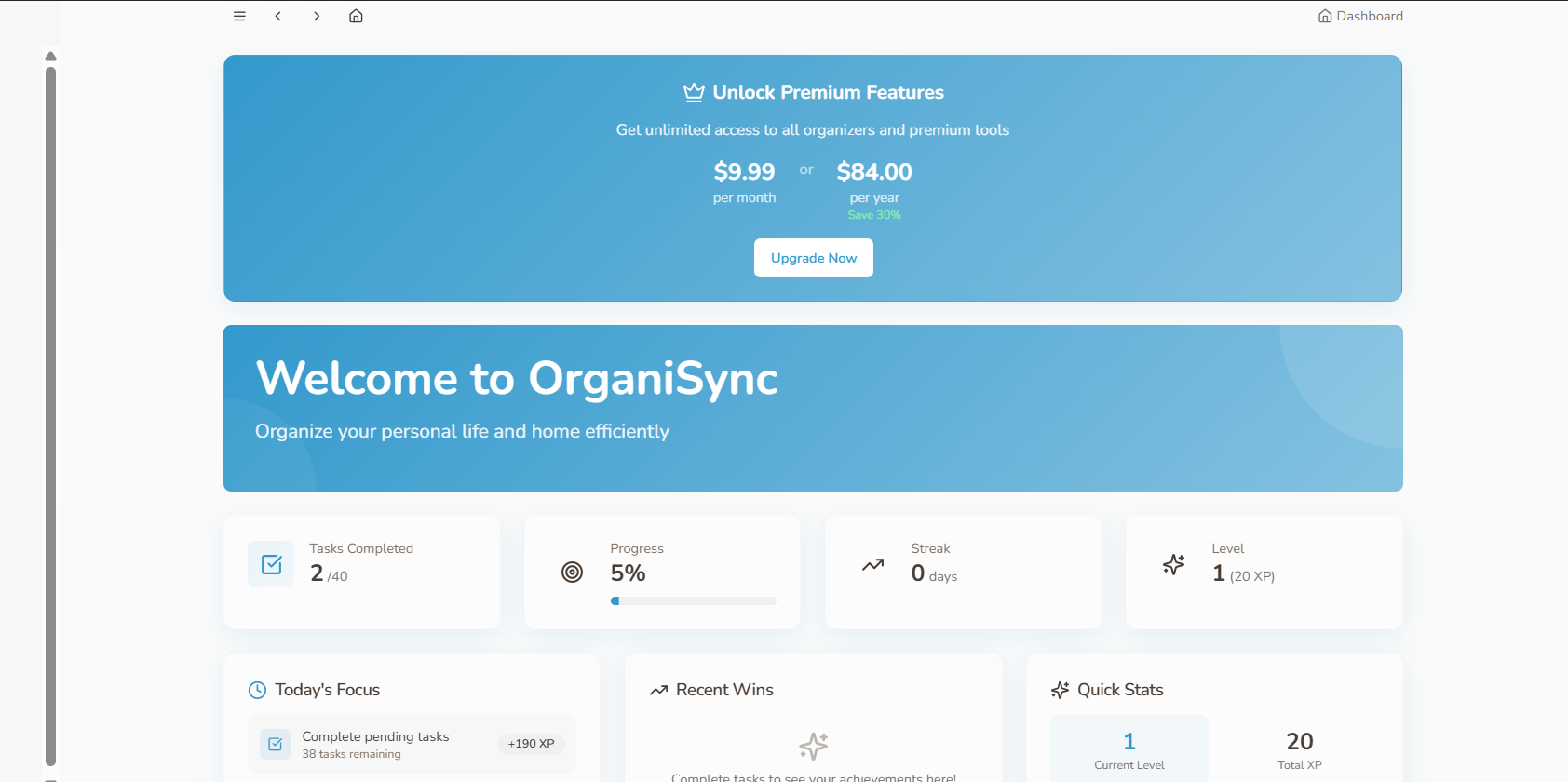 Organisync app dashboard screenshot