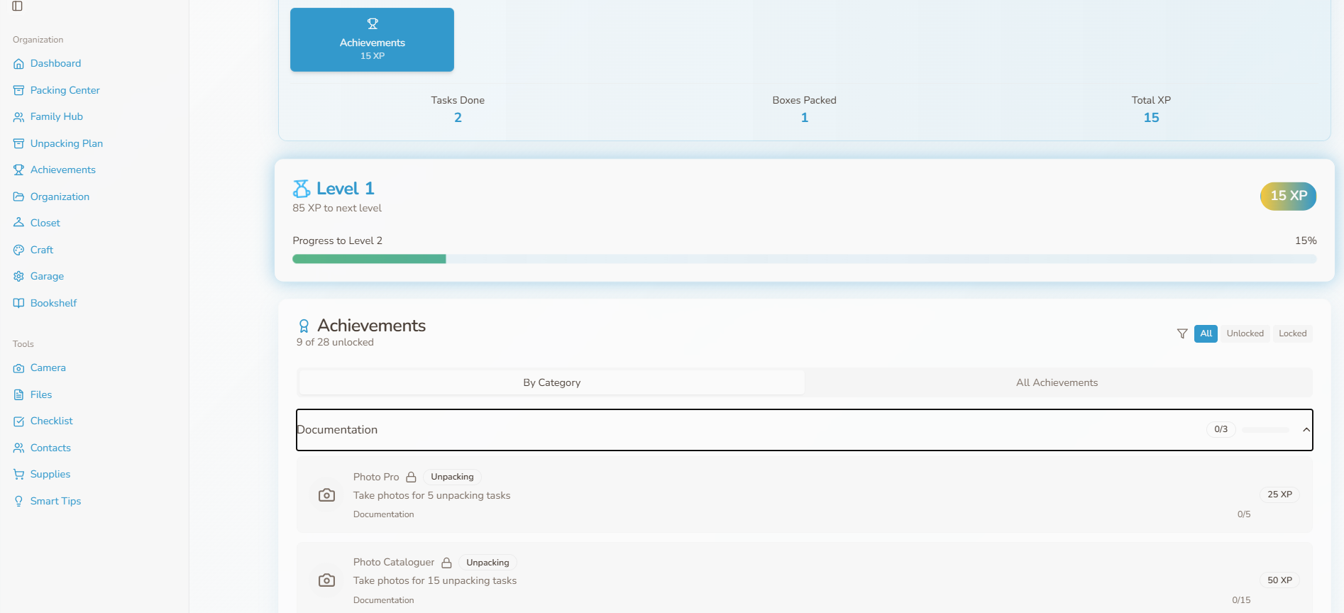 App dashboard screenshot showing packing and organizing features