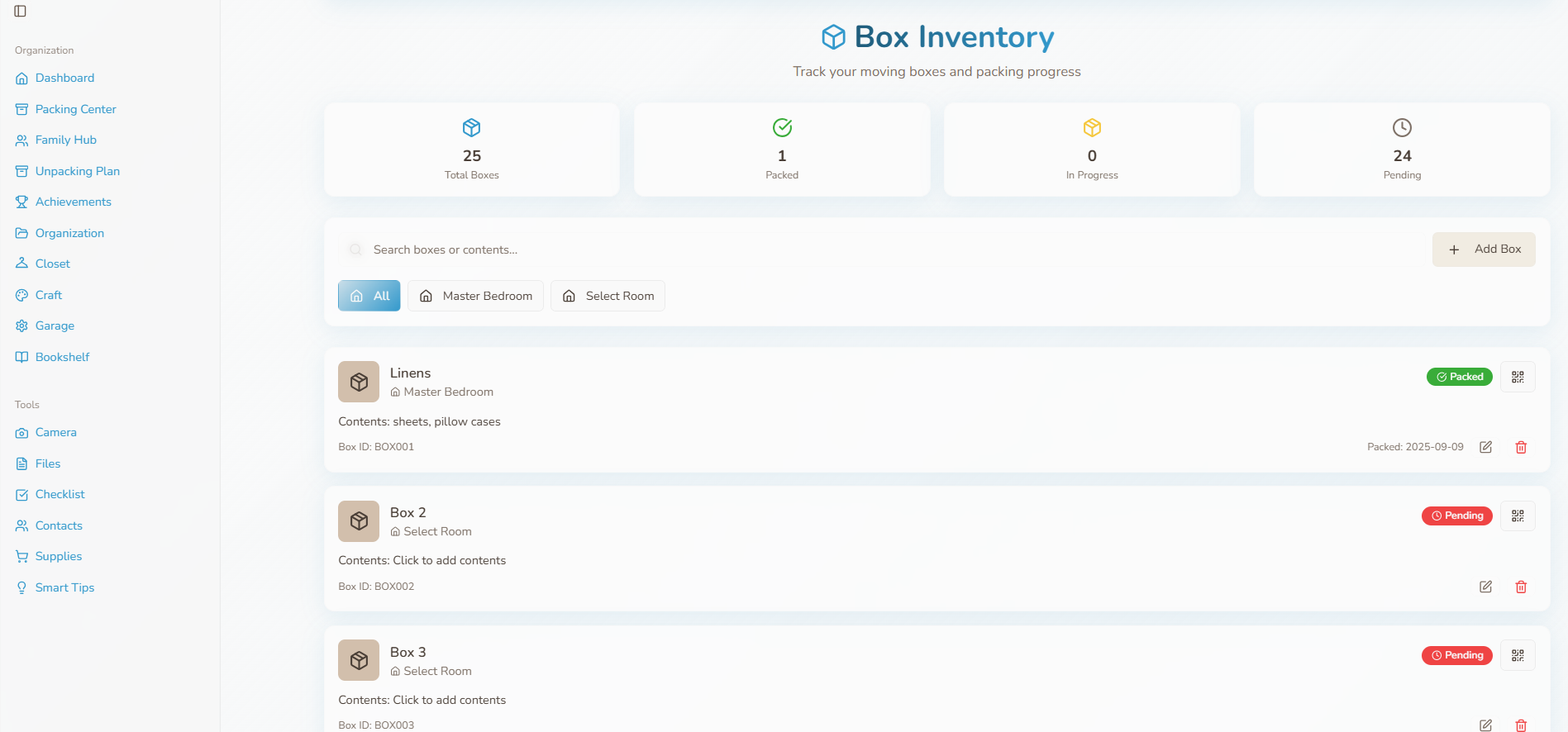 App dashboard screenshot showing packing and organizing features